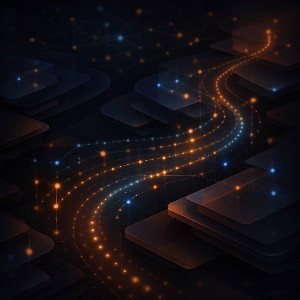 Abstract layered shapes, nodes, structured glowing pathway